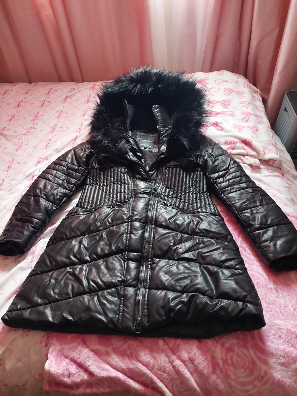 Black Quilted Faux-Fur Trim Women's Winter Coat Size L NOIZE